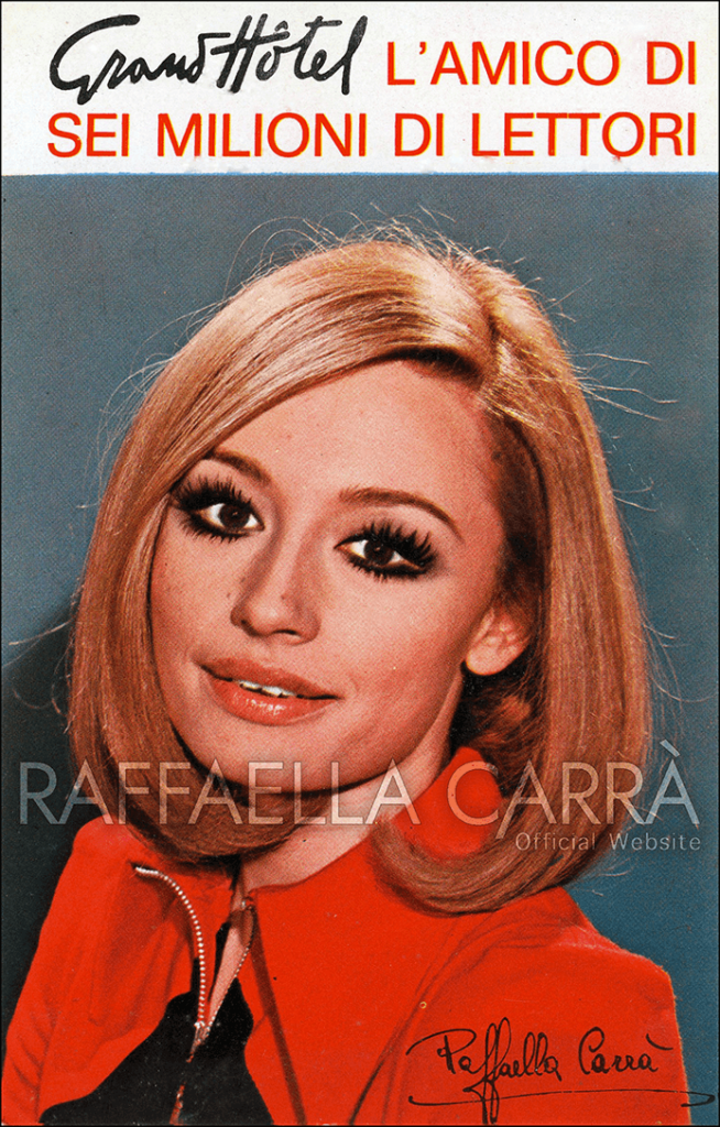 Cartolina allegata alla rivista ‘ Grandhotel’ per la promozione del fotoromanzo “Primavera perduta” che vedeva Raffaella protagonista • 1971 Italia