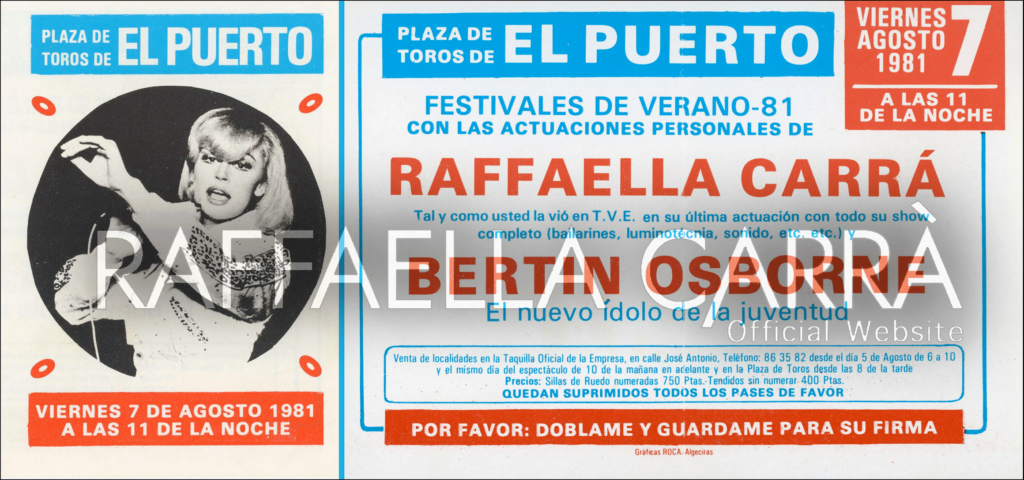 Cartoncino pubblicitario per uno show dal vivo di Raffalla • Cadiz, 7 Agosto 1981 Spagna