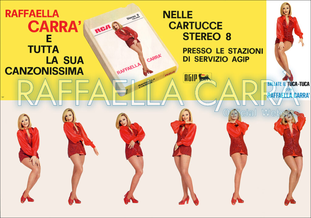 Brochure pubblicitaria Agip, apribile a fisarmonica dello Stereo 8 “Raffaella Carrá” della RCA • Italia 1971