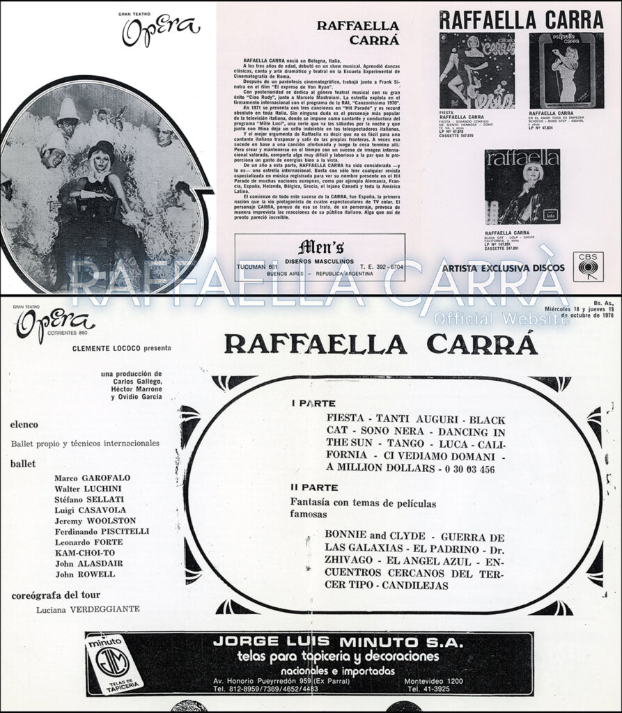 Brochure dello spettacolo di Raffaella tenutosi il 18 Ottobre 1978 al Gran Teatro Opera di Buenos Aires • Argentina