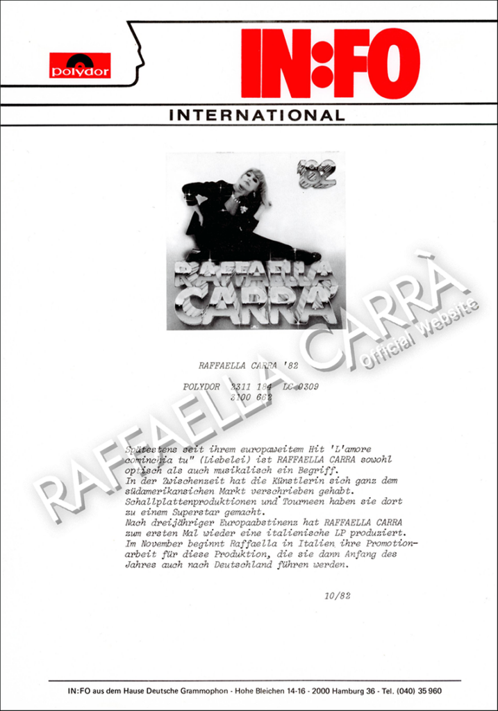 Foglio informativo della “Polydor” per il lancio del disco “Raffaella Carrá” dell’82 • Ottobre 1982 Germania