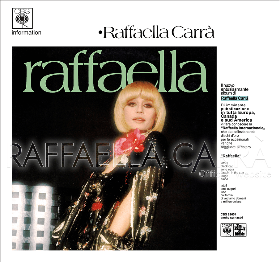 Locandina promozionale CBS “The Family Of Music” album “Raffaella”.